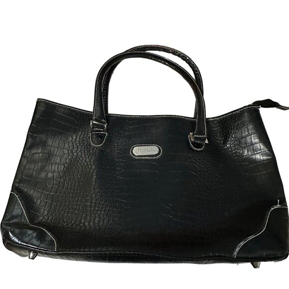 Bob Mackie large faux croc leather black double handled travel tote - Picture 1 of 7